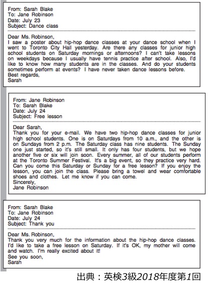 英検3級リーディング・長文対策　大問3B　Eメールの長文問題　問題例